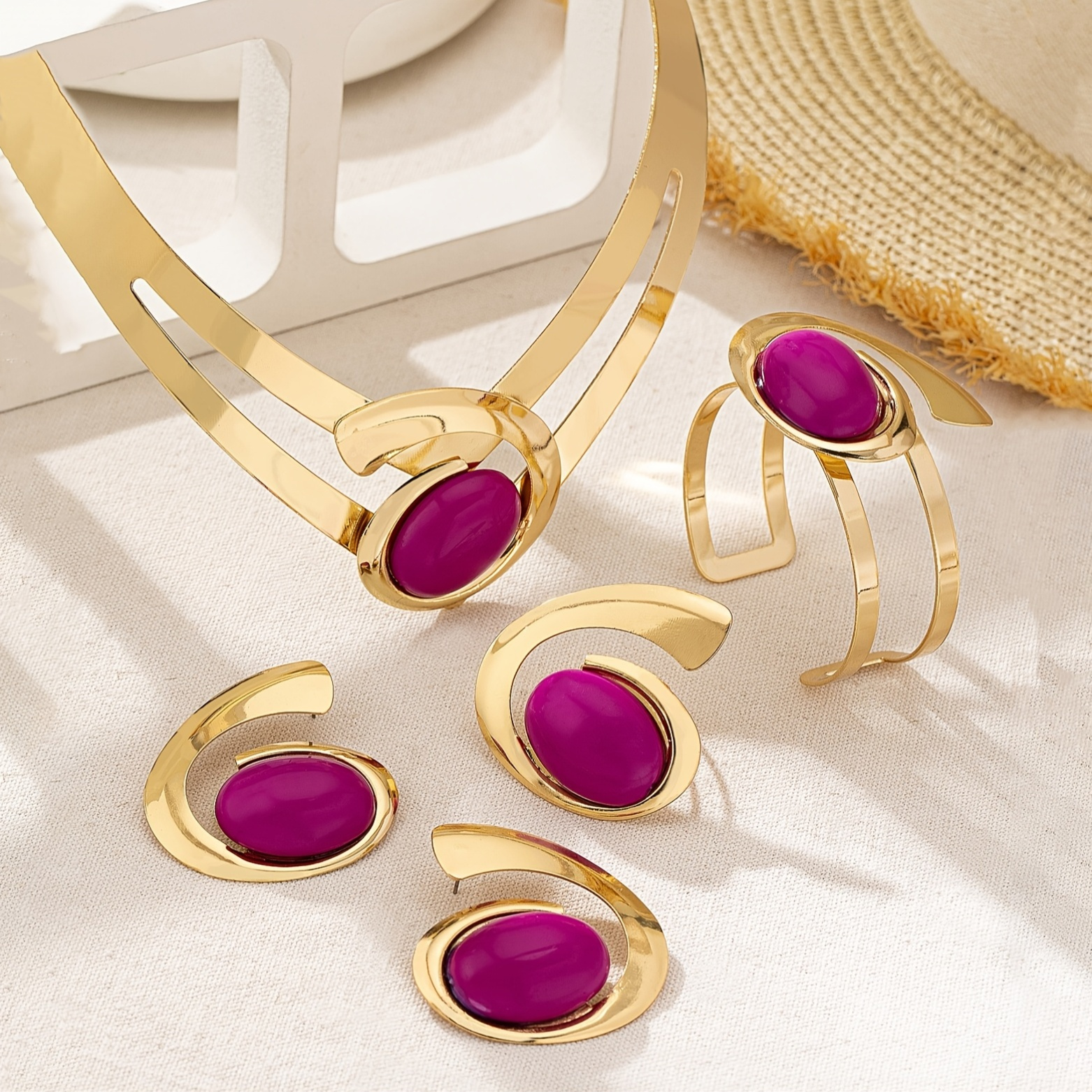 Gemstone Collar Necklace Stud Earrings Set